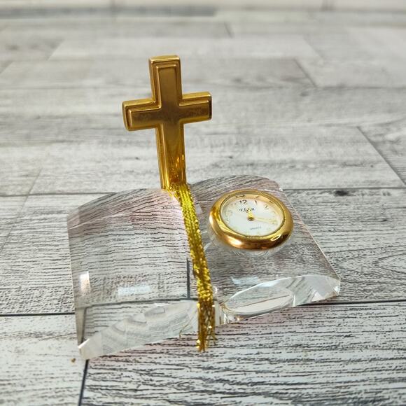 Vintage Elgin Mini Clock Crystal Clear Gold Cross Miniature Decor *NEEDS BATTERY - Picture 1 of 9